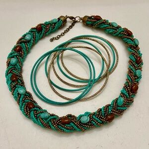 Vintage, 18in-20in Turquoise-Garnet Beaded Necklace- 7pc Turquoise-Gold Bangles